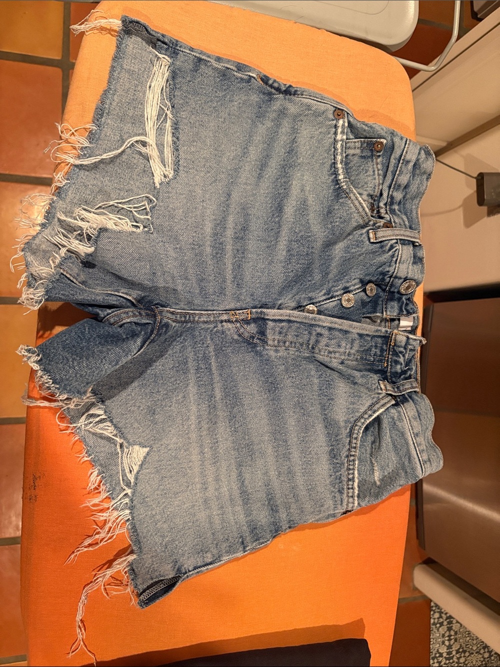 Re/Done Light Blue Distressed High-Rise Denim Cutoff Shorts
